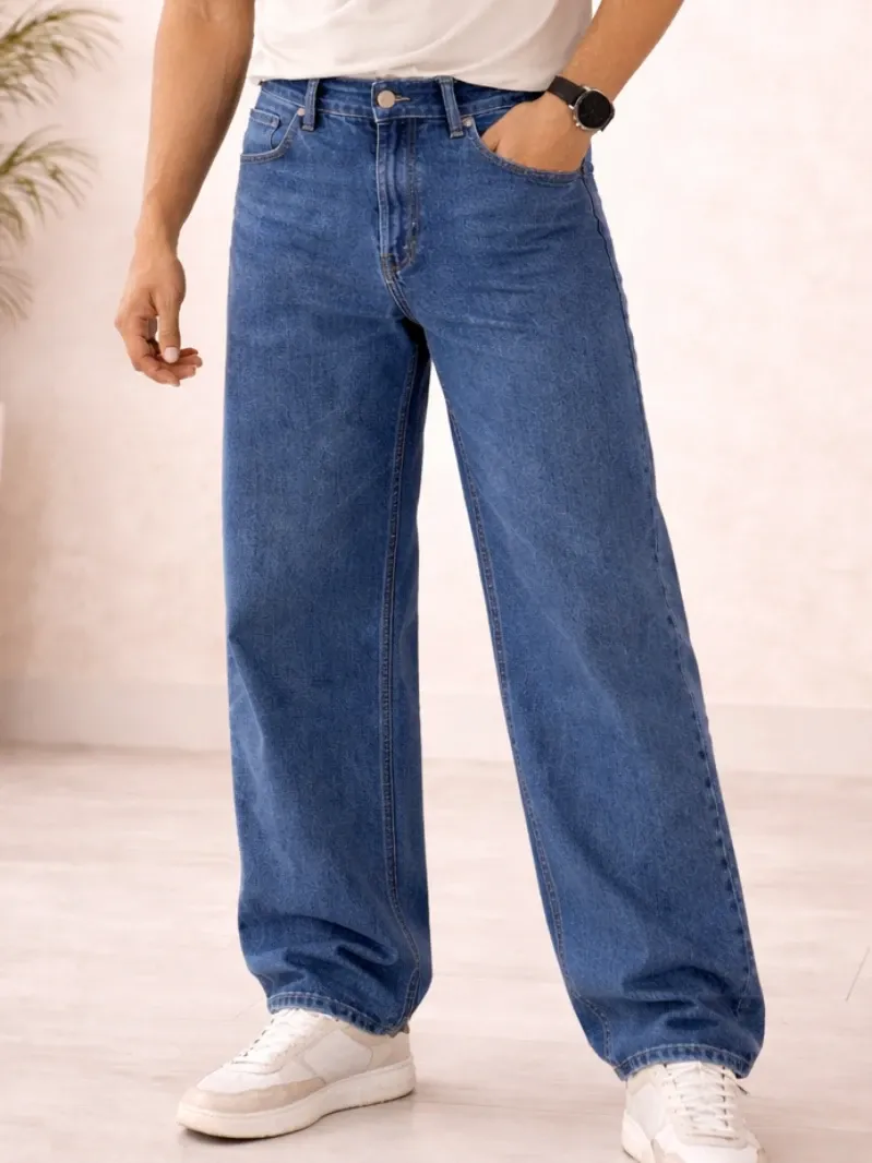 Trending  Men’s Baggy Fit Blue Denim Jeans – Loose Bottom Casual Wear